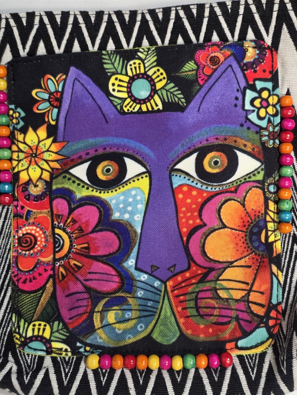 Laurel Burch Blossoming Feline Canvas Tote Artwork Crossbody Bag - Picture 6 of 7